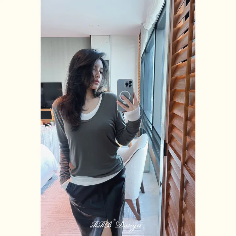 RRB Design 「真两件」莱赛尔桑蚕丝山羊绒拼色宽松显瘦简约U领上衣