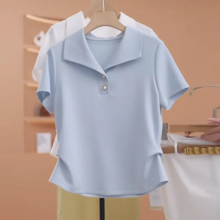 翻领蓝色t恤女士夏季2025宽松时尚减龄收腰显瘦正肩短袖气质上衣