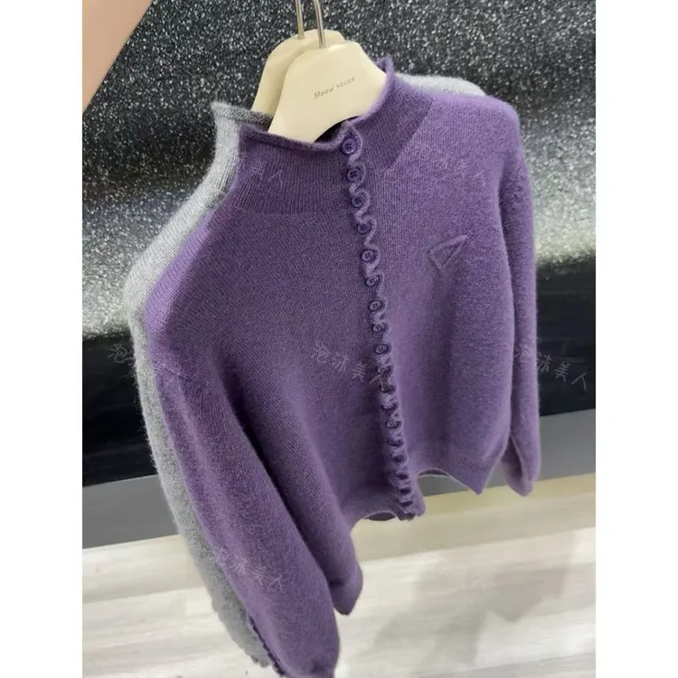 紫色花边扣」巨软显白不挑人！加厚冬季外套宽松针织毛衣女显白洋气
