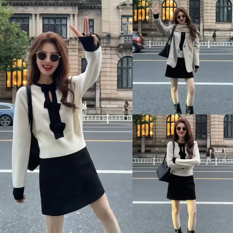 温柔系穿搭女2025新款气质蝴蝶结洋气毛衣时尚外套显瘦半身裙套装