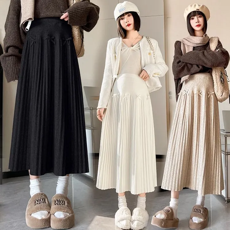 结孕妇装秋冬新款针织蝴蝶结休闲显瘦软糯垂感无托腹中长款百褶裙