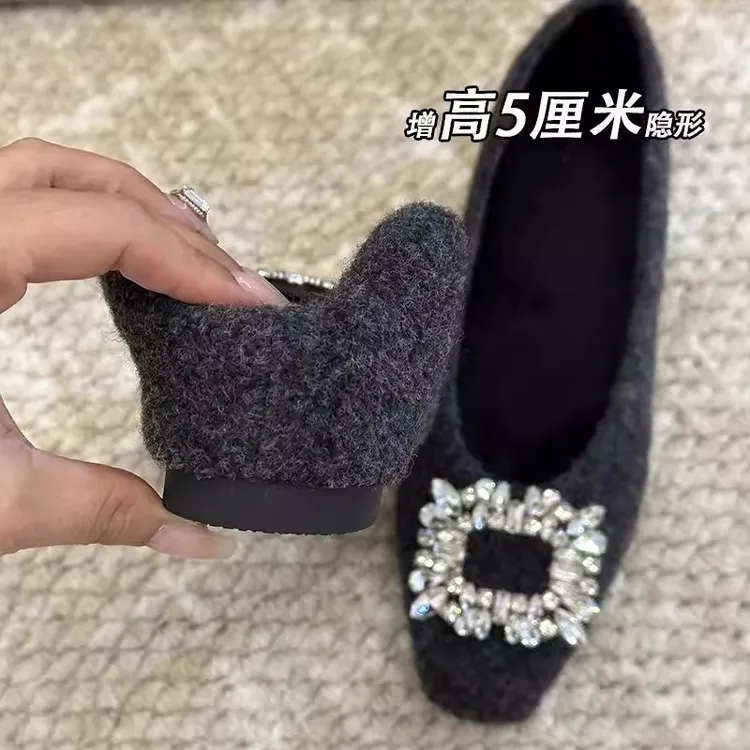 小个子内增高5CM方扣毛毛鞋女冬季加绒保暖绒面浅口玛丽珍单鞋女