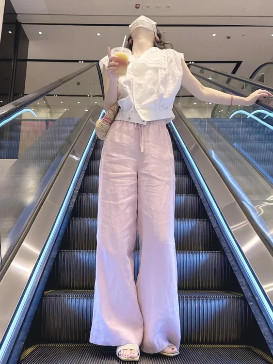 2025新款宽松bf慵懒风小个子高腰垂感白色上衣粉色休闲阔腿裤子夏