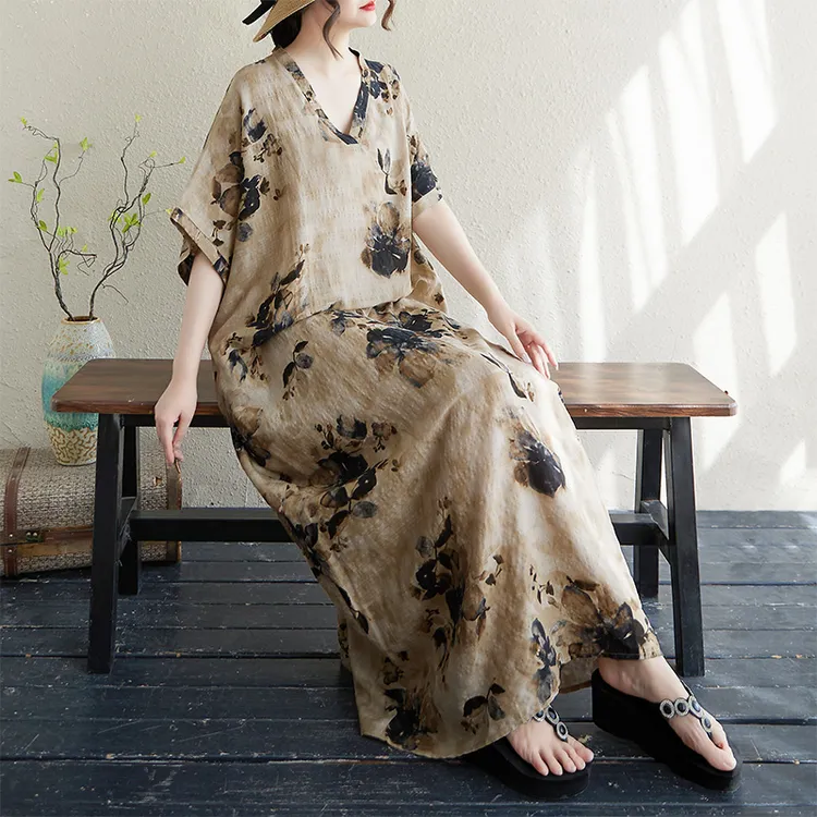 意大利品牌撤柜波西米亚显瘦短袖连衣裙女遮肚碎花亚麻度假风长裙