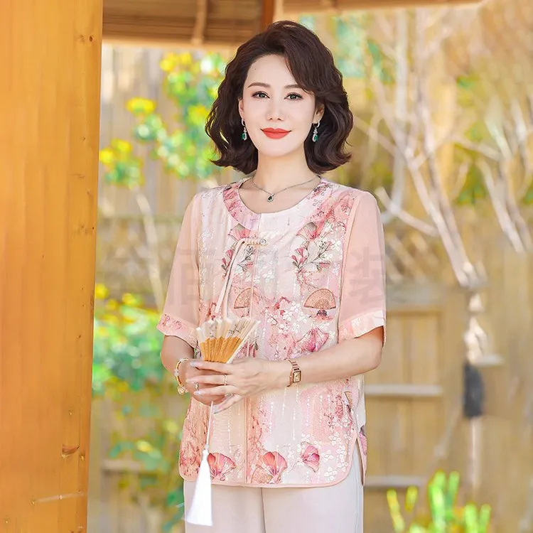 母亲节妈妈夏装2024新款短袖雪纺衫时尚上衣中式套装中老年t恤女