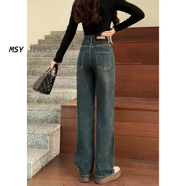 美思源水泥灰阔腿牛仔裤女2025春季新品小个子复古高腰垂感直筒裤