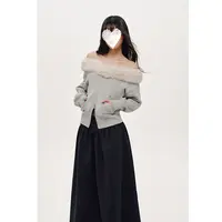 芊喜Studio 斜肩可拆卸毛领秋季纯棉长袖开衫卫衣露肩上衣