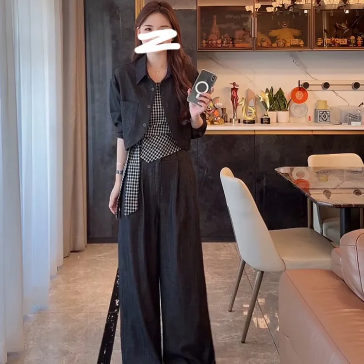  【三件套】老钱风格子牛仔吊带外套女2025秋款新款慵懒休闲裤