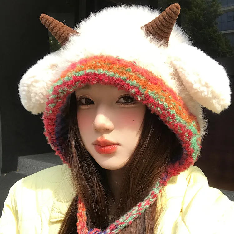 可爱小羊耳朵毛绒帽子女秋冬季保暖绑带针织护耳帽加厚套头雷锋帽