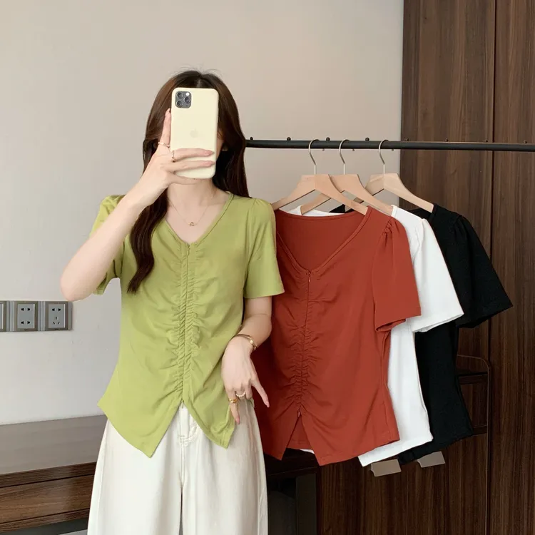 2025年夏季大码女装拉链褶皱V领短袖T恤不规则显瘦开叉上衣63786
