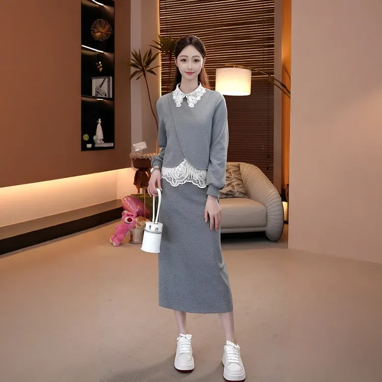 官图 蕾丝拼接2025春秋韩系温柔气质半身裙两件套洋气显瘦减龄