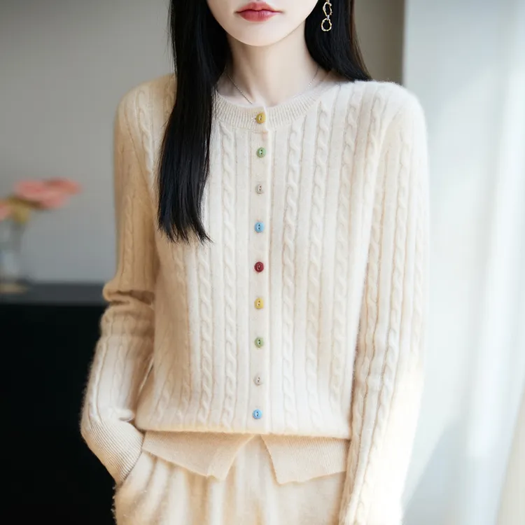 新款100纯羊毛彩扣麻花羊毛开衫女士圆领百搭减龄开衫外套