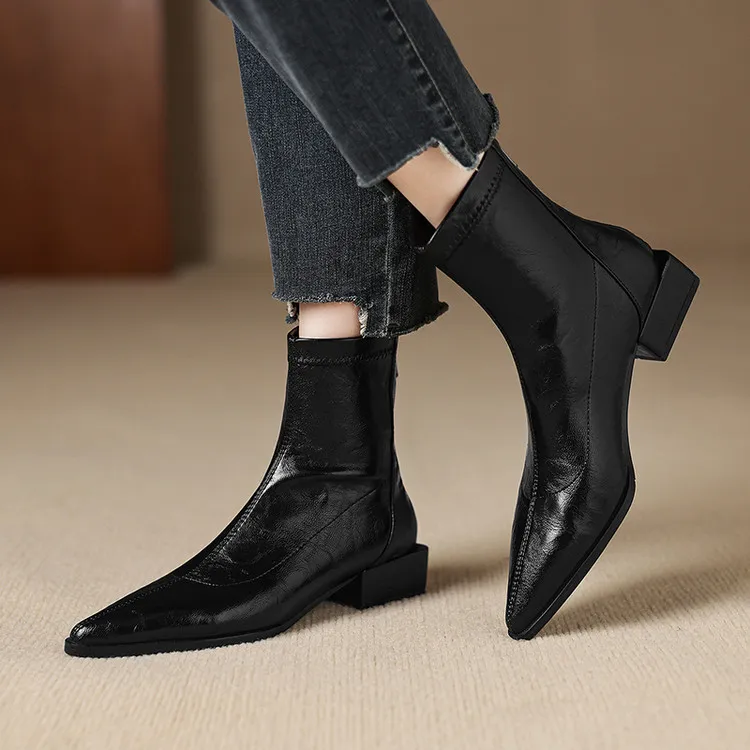 时尚轻奢~3.5cm洋气粗跟尖头弹力靴瘦瘦靴女秋冬通勤百搭小短靴女