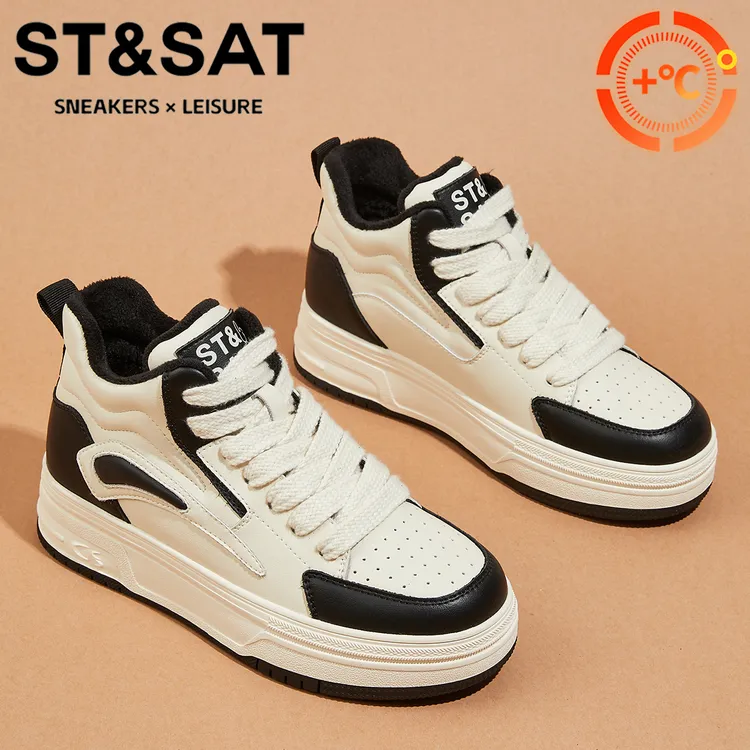 星期六真皮软底松糕棉鞋女高帮拼色休闲女鞋2025新款加绒保暖鞋子