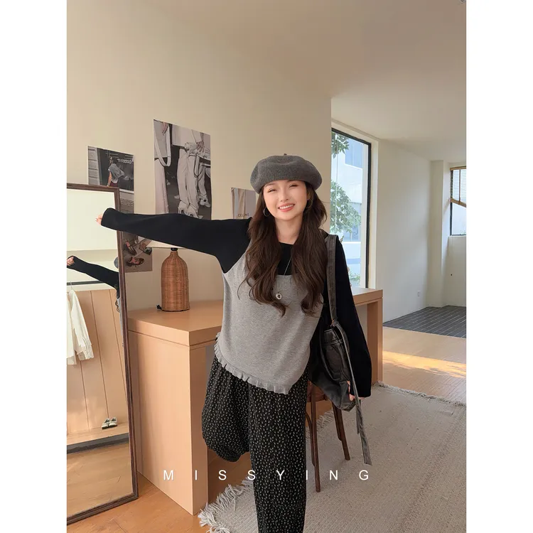 应小姐【甜蜜副本】微胖大码女装秋季韩系法式气质款显瘦假两件小衫