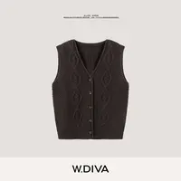 W.Diva【咖啡卷边】秋季立体绞花自然卷边V领开襟羊毛马甲53Z172973