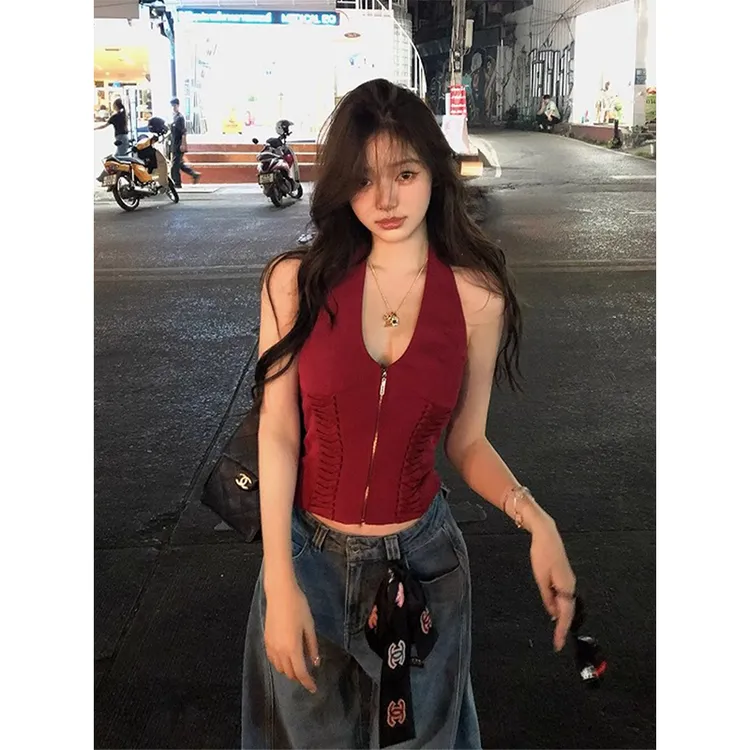 辣妹短款挂脖红色侧边褶皱无袖上衣女夏季内搭坎肩绝美小吊带背心