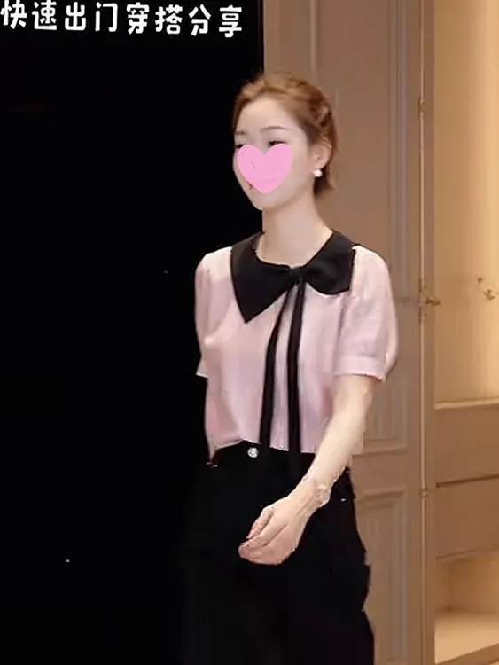 鸥小柒同款女装衬衣洋气女款夏季短袖新款衬衫蝴蝶结小香风小上衣