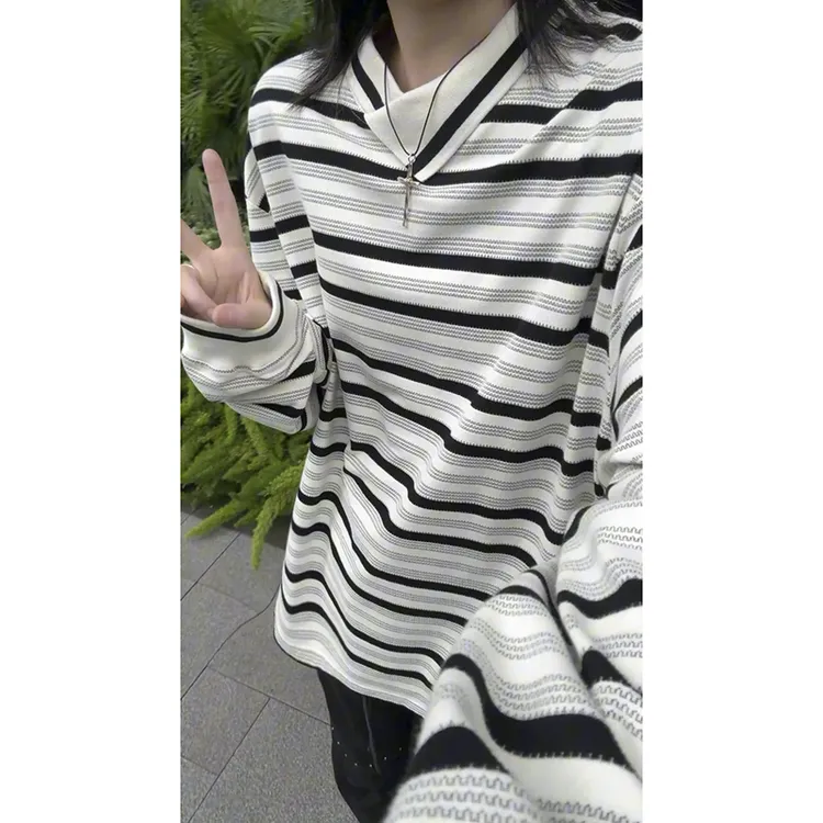 美式不规则斜领polo衫男长袖卫衣秋季痞帅慵懒风条纹t恤情侣衣服