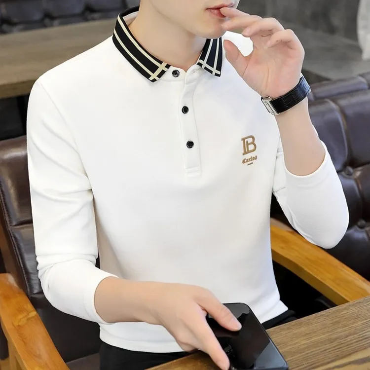 轻奢男装高端百搭刺绣Polo衫男士秋季潮流休闲翻领长袖男士打底衫