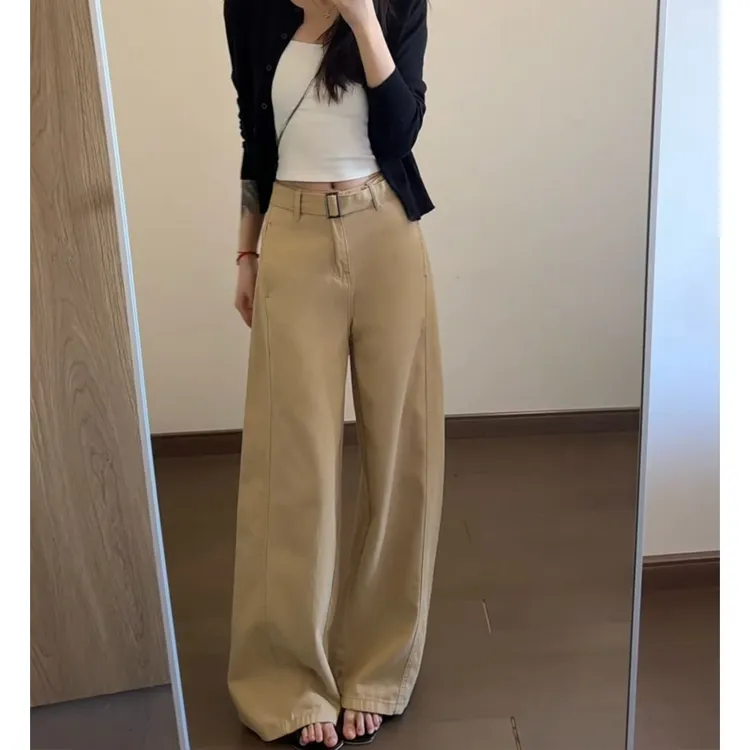 【配腰带】2025新款显瘦春装休闲直筒裤牛仔裤女阔腿裤卡其色高腰