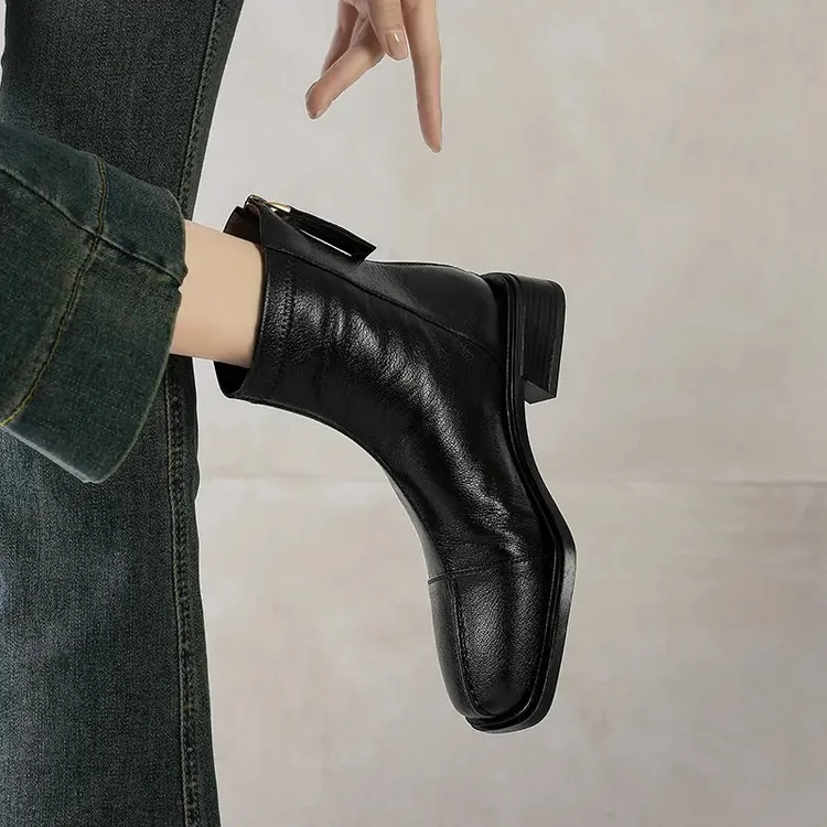 【NICESEE】6cm,2025秋冬新款粗跟方头真皮短靴女韩版显瘦切尔西靴