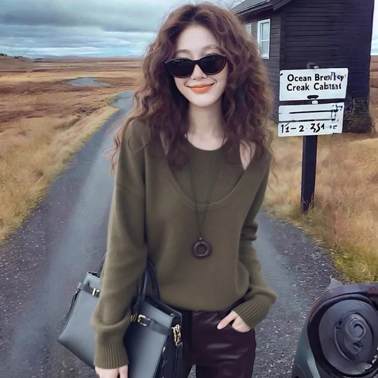 小众炸街高级感女装秋冬穿搭打底衣假两件时尚针织衫套头毛衣上衣