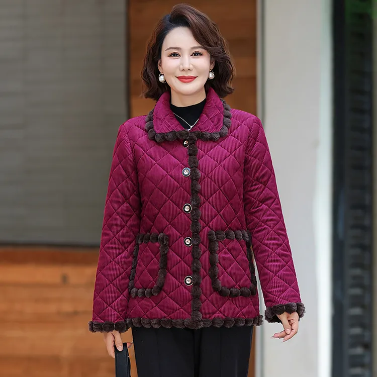 妈妈装秋冬季新款棉袄灯芯绒加绒棉服时尚中老年女保暖短款小棉衣