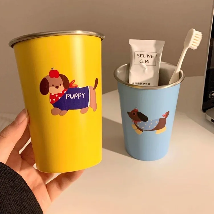 可爱腊肠狗漱口杯家用牙刷杯子洗漱杯情侣学生旅行不锈钢牙具牙杯