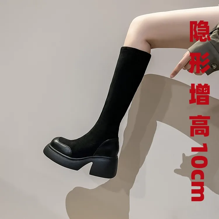新款百搭时尚小个子真皮巨显瘦巨显性感中筒弹力绒面靴高跟瘦瘦靴