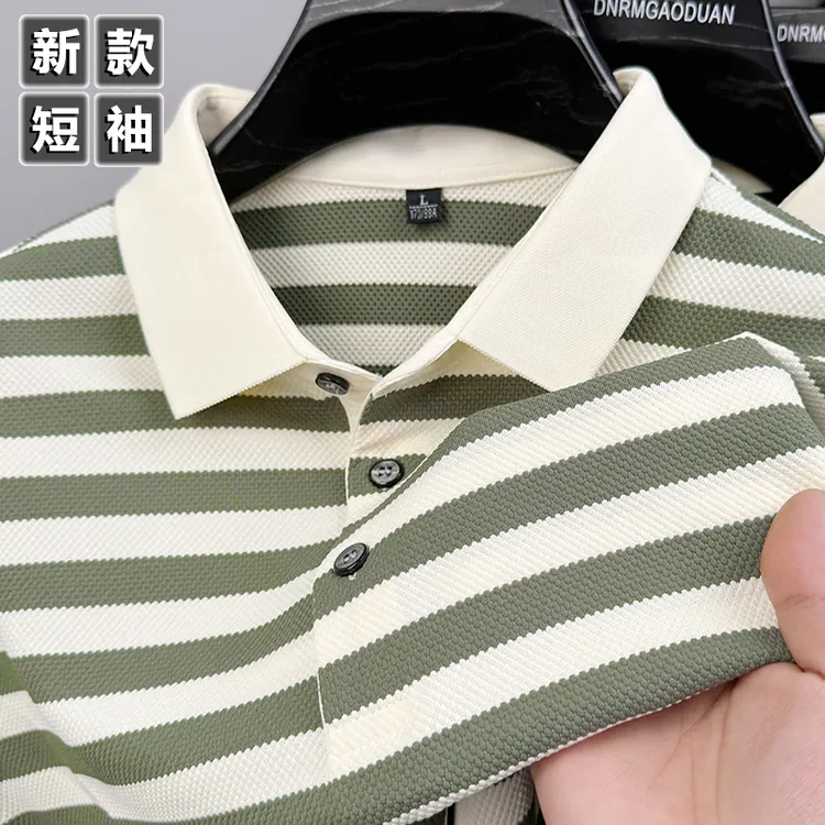 夏季男士新款潮流休闲条纹短袖T恤POLO衫时尚宽松翻领菠萝纹薄款