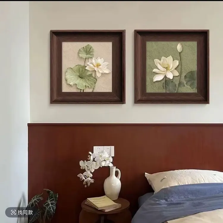 荷花卧室床头小挂画中古风玄关装饰画复古餐厅油画艺术壁画H24