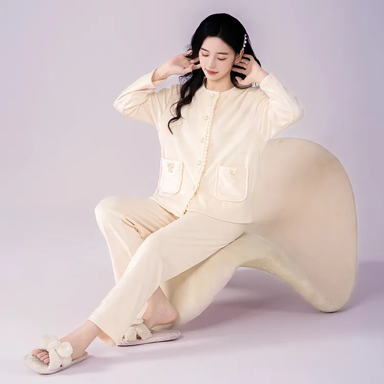 睡衣女春秋加厚长袖海岛绒家居服秋冬季珊瑚绒厚款加绒可外穿套装