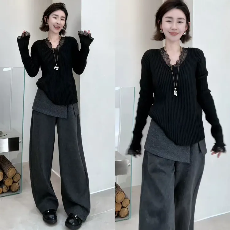 玖了个玖 2025冬款 极简百搭蕾丝拼接V领显瘦竖坑条上衣2512C8936