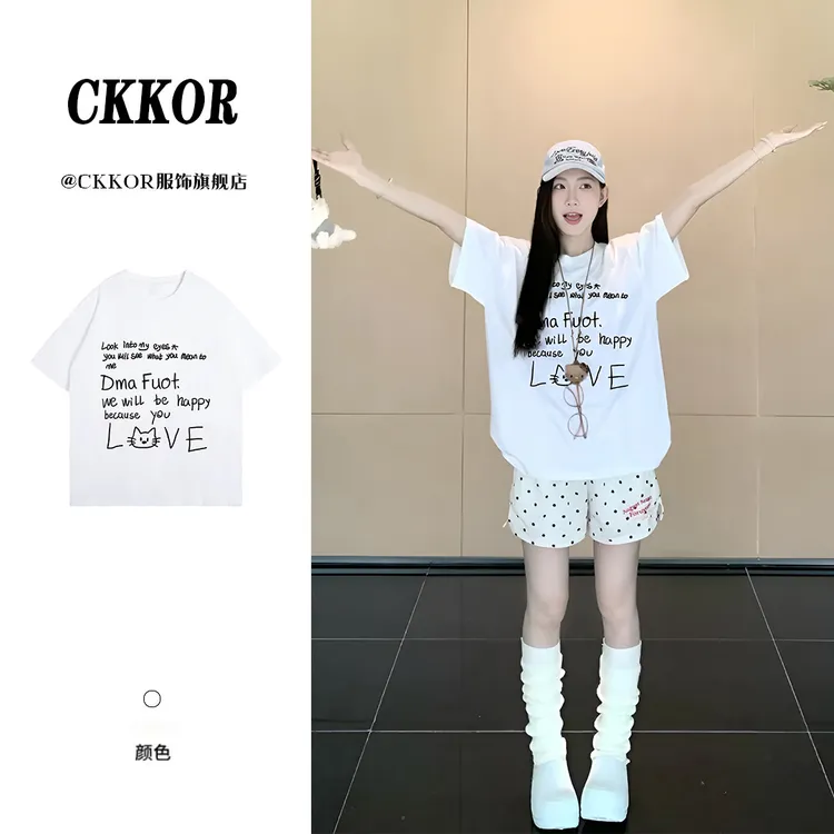 CKKOR夏季新款纯棉圆领短袖女t恤少女学院风穿搭休闲宽松慵懒上衣