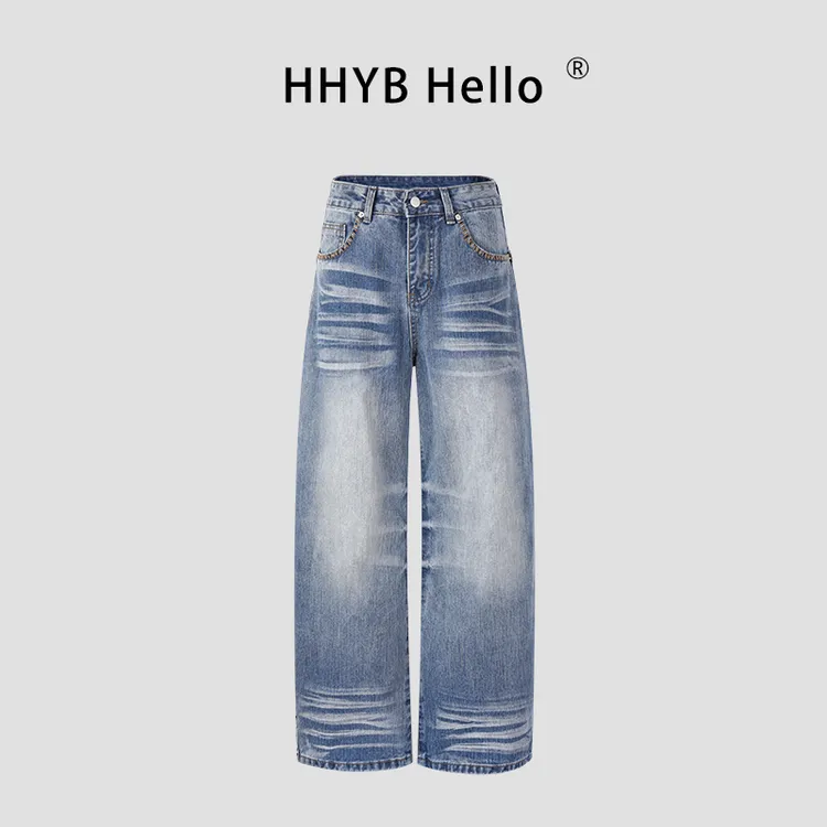 HHYB Hello2025夏季新款做旧宽松水洗休闲阔腿牛仔长裤女Q254205