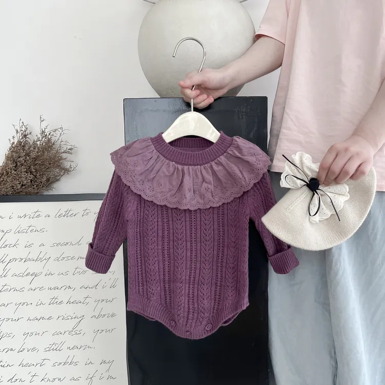 ins韩版新生儿针织连体衣女宝宝镂空荷叶领包屁哈衣洋气公主爬服.