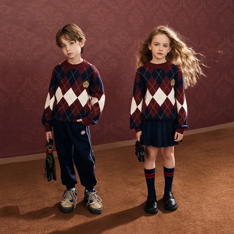 minipeace太平鸟儿童 秋冬男童菱格纹洋气毛衫女童复古圆领毛衣潮
