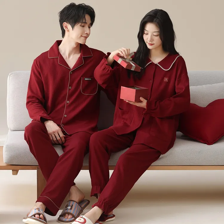 【两件套礼盒装】纯棉华夫格红色情侣睡衣舒适新婚喜庆春秋冬家居服