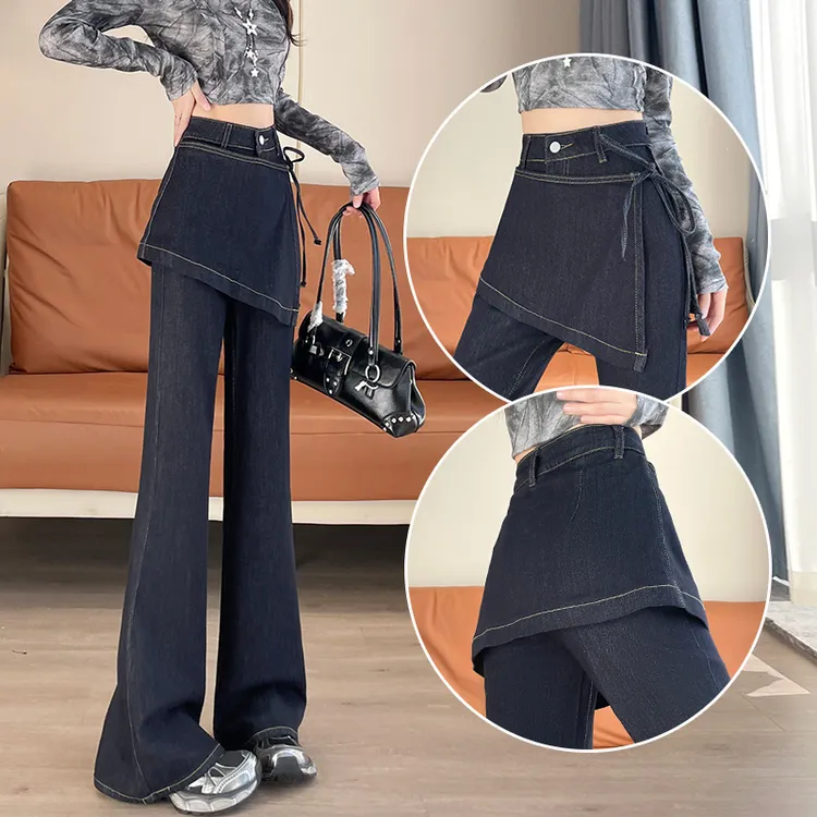 蜜蜜穿搭超火假两件微喇叭牛仔裤女遮胯屁帘2025冬修身潮牌马蹄裤