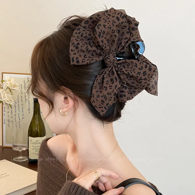 显饱满~豹纹蝴蝶结抓夹女高级感时尚洋气发饰发夹大号鲨鱼夹发抓