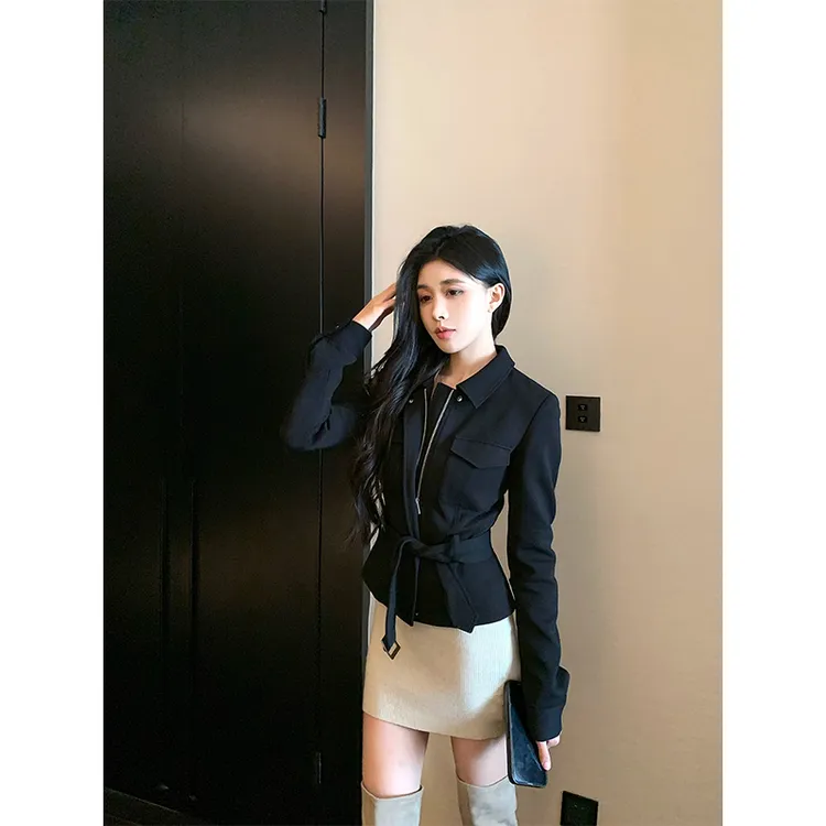 美式辣妹秋季短款腰带风衣外套女秋季新款修身气质休闲百搭上衣潮