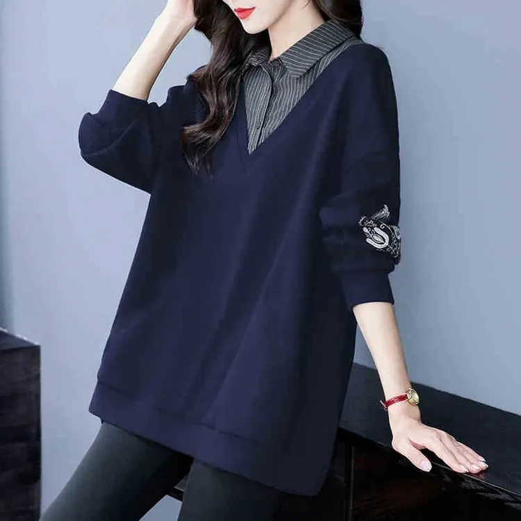 大码女装假两件韩版宽松拼接卫衣2025春季新款显瘦遮肉妈妈装上衣