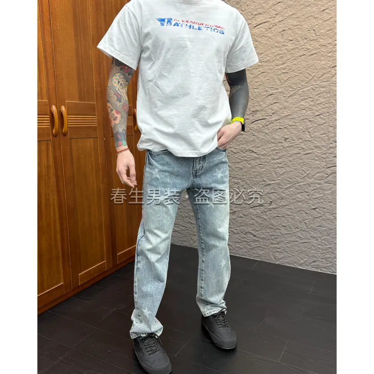 2025秋冬新款时尚休闲百搭印花直筒宽松男士牛仔裤3070