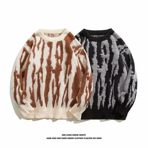 撞色圆领毛衣男秋冬季设计感小众日系套头针织衫宽松打底毛线衣潮