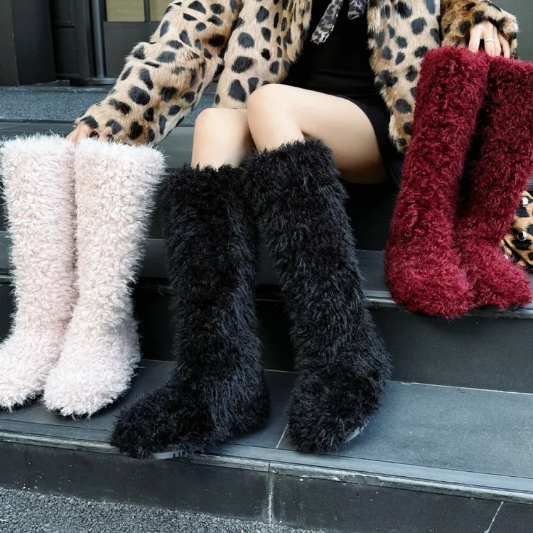 2025秋冬时尚雪地靴高筒靴保暖加绒厚底内增高新年毛毛靴子女靴子