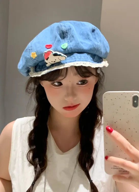 自制可爱卡通小狗牛仔贝雷帽女夏甜酷百搭显脸小蕾丝边八角云朵帽