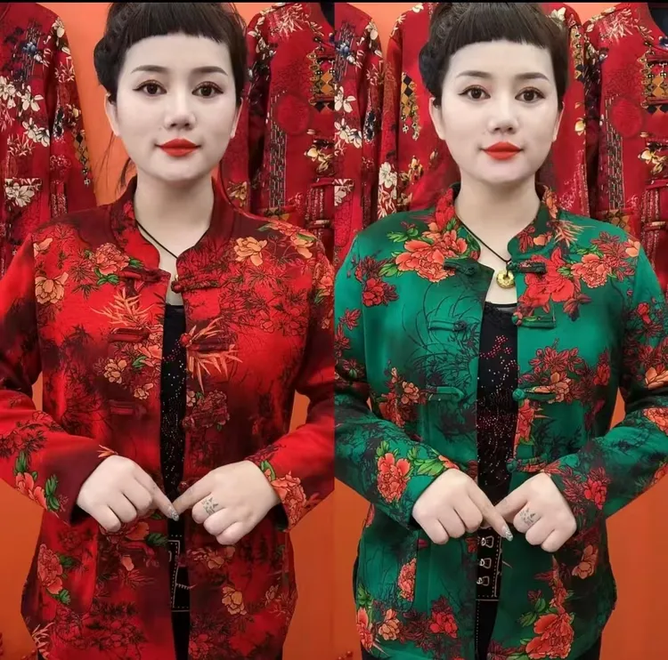 【牡丹花】中老年保暖长袖加绒大花花色开衫妈妈外套民族盘扣复古款