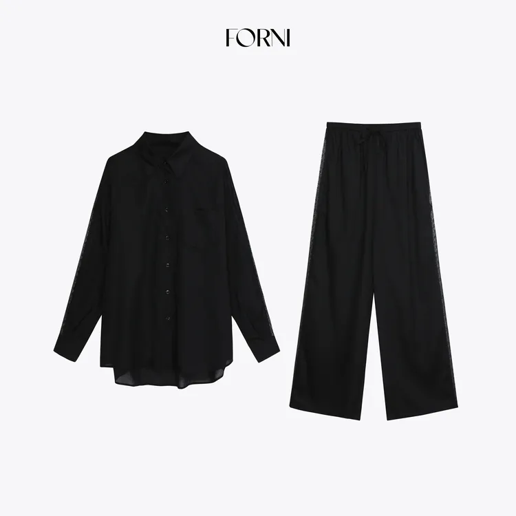 FORNI 空气衬衫套 夏季天丝亚麻长袖通勤风OL宽松衬衫长裤套装