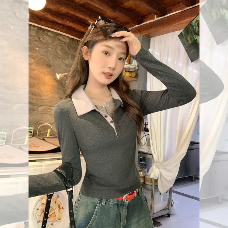 深灰色假两件POLO领长袖T恤女2025秋季新款百搭修身显瘦撞色上衣